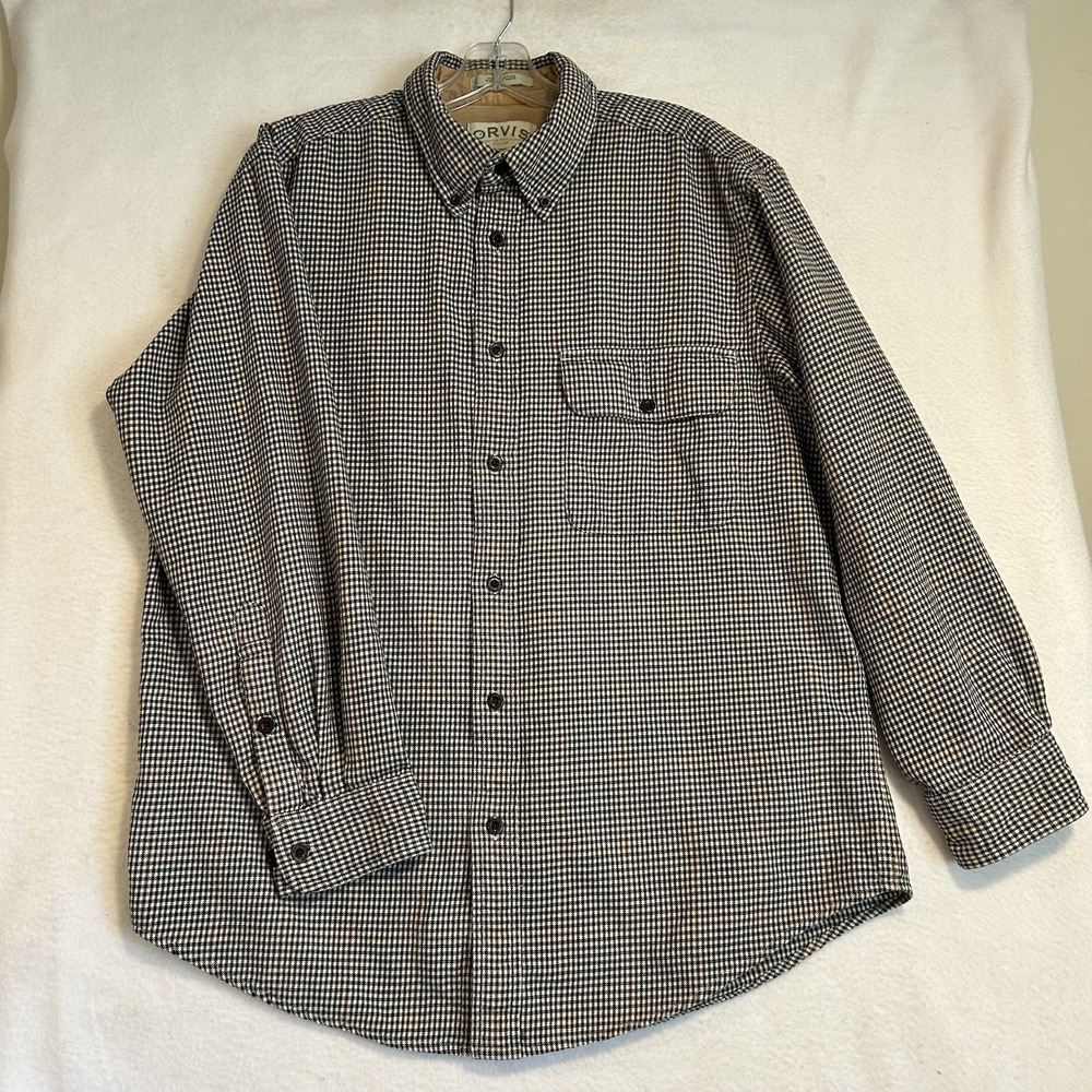 Orvis Mens Black Tan Ivory Plaid Long Sleeve Button Down 100% Cotton Shirt EUC